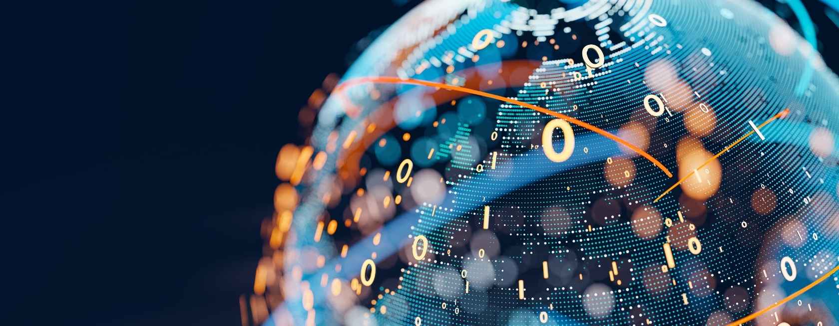 Earth represented by little dots, binary code and lines