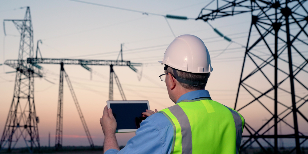 worker in hard hat and high vis holds tablet next to electric pylons
