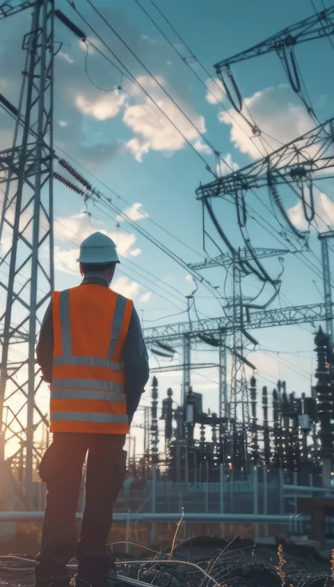 professional engineer inspecting modern high voltage equipment at substation