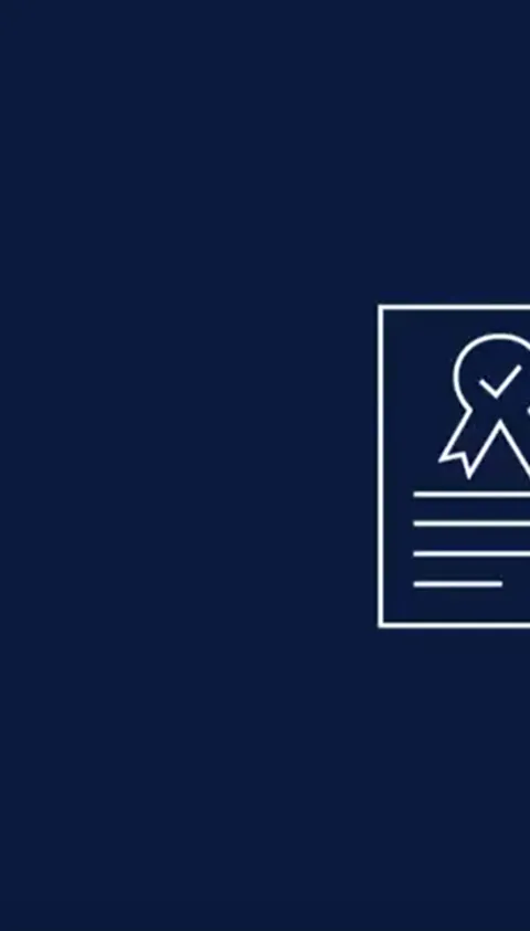 Animated white diploma icon on dark blue background with transformation graphic