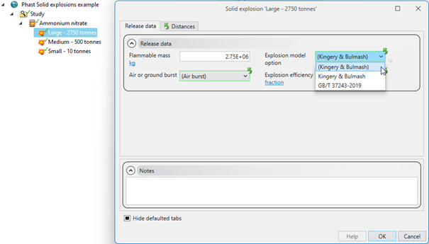 Screenshot of the Solid explosions scenario input window