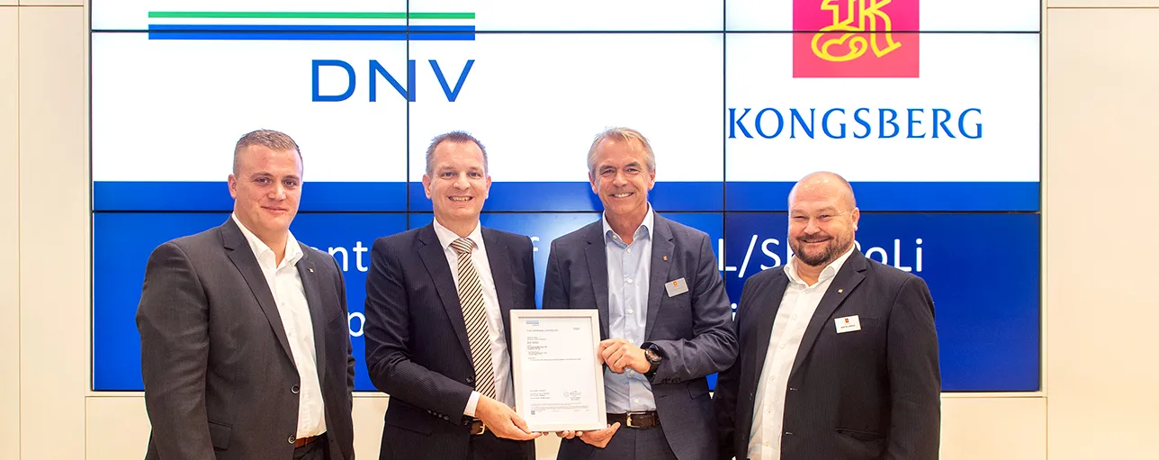 The presentation ceremony was held at the SMM Trade Fair in Hamburg. (L to R: Morten Steffens, Sales Manager Aftermarket KM, Dr. Fabian Kock, Head of Environmental Technologies Air DNV, Morten Stanger, Vice President Sales KM, Martin Kjøraas, Aftermarket Sales Manager KM.