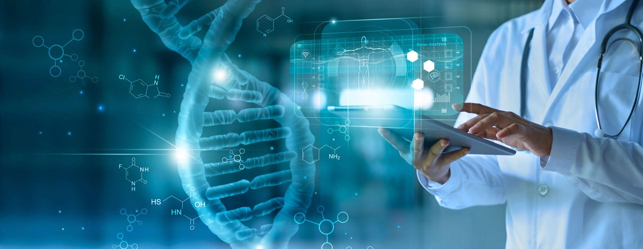 Doctor looks at tablet with DNA graphic overlay