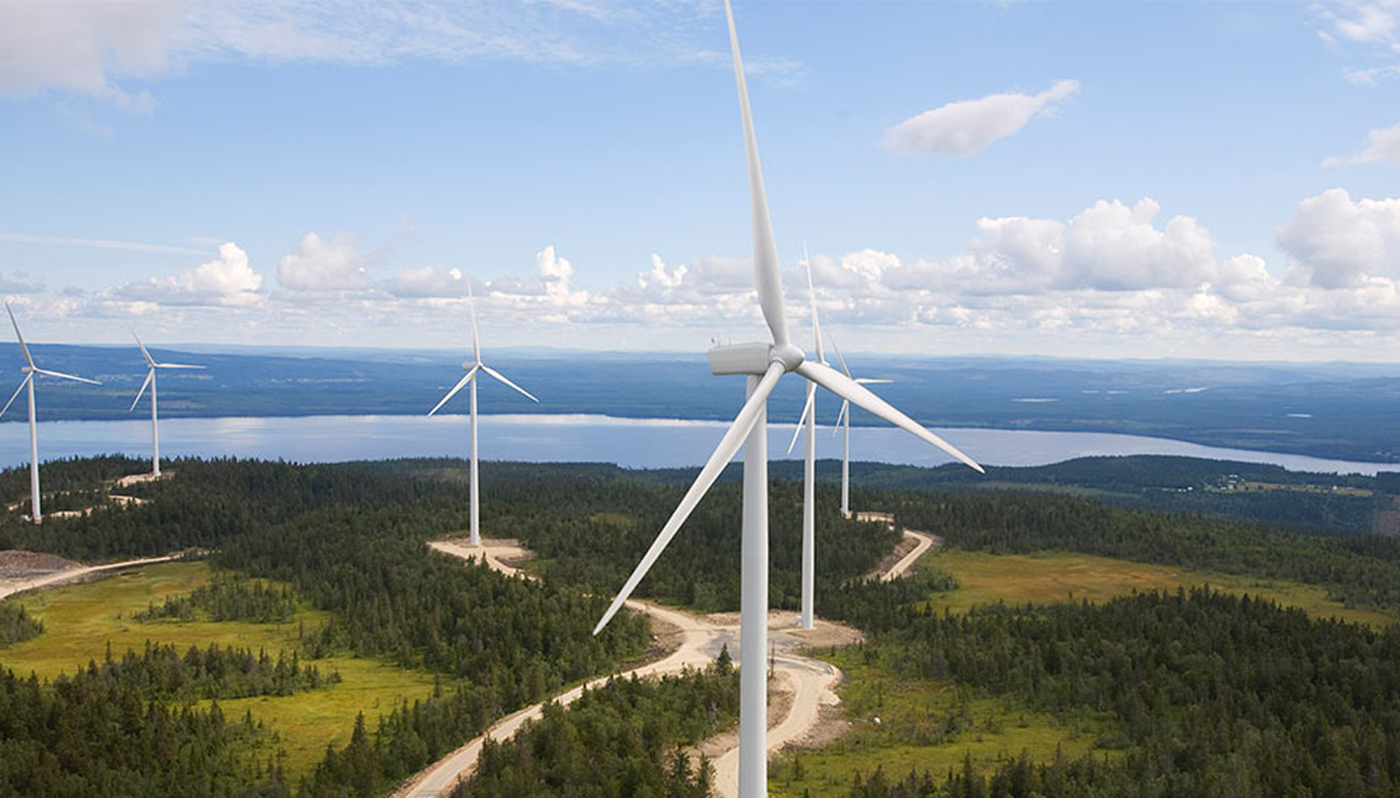 Wind turbines in a forest near a lake