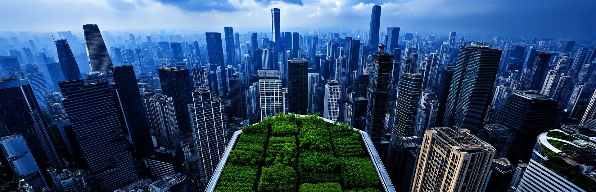 Aerial view of modern city skyscrapers with a rooftop green garden, symbolizing sustainable finance, environmental responsibility, and climate-aligned investment assurance.
