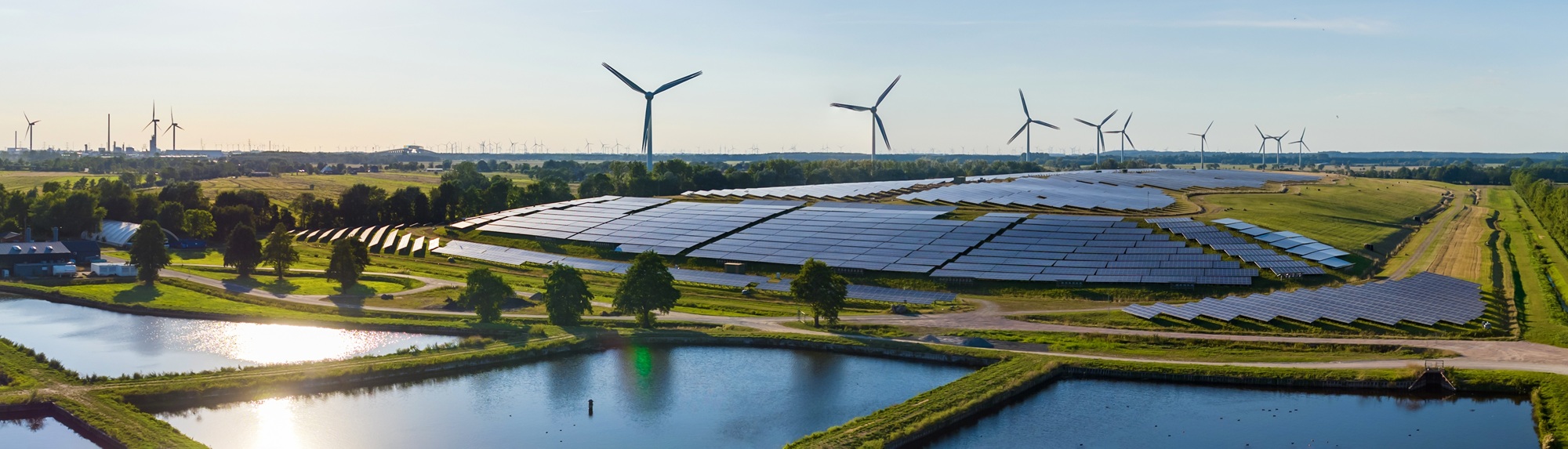 Wind and solar farm with lakes