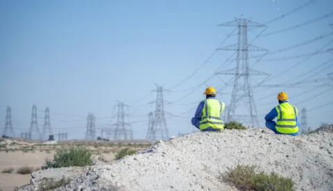 Two workers viewing power grids