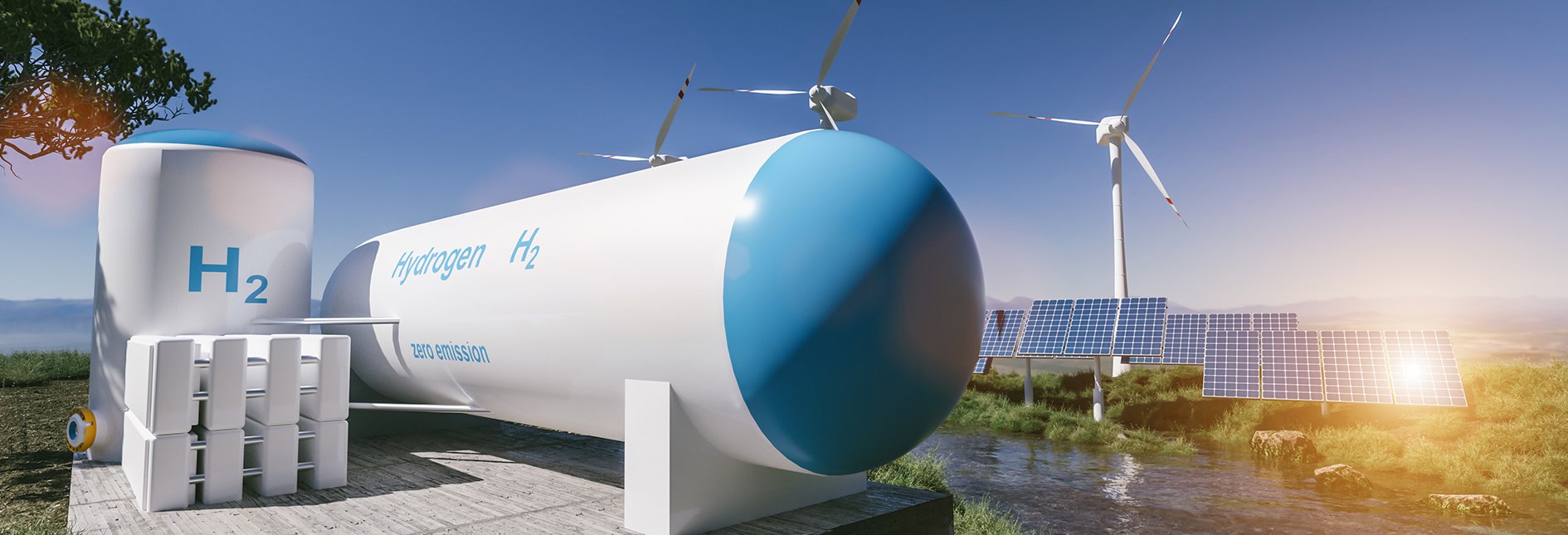 Hydrogen renewable energy production - hydrogen gas for clean electricity solar and windturbine facility