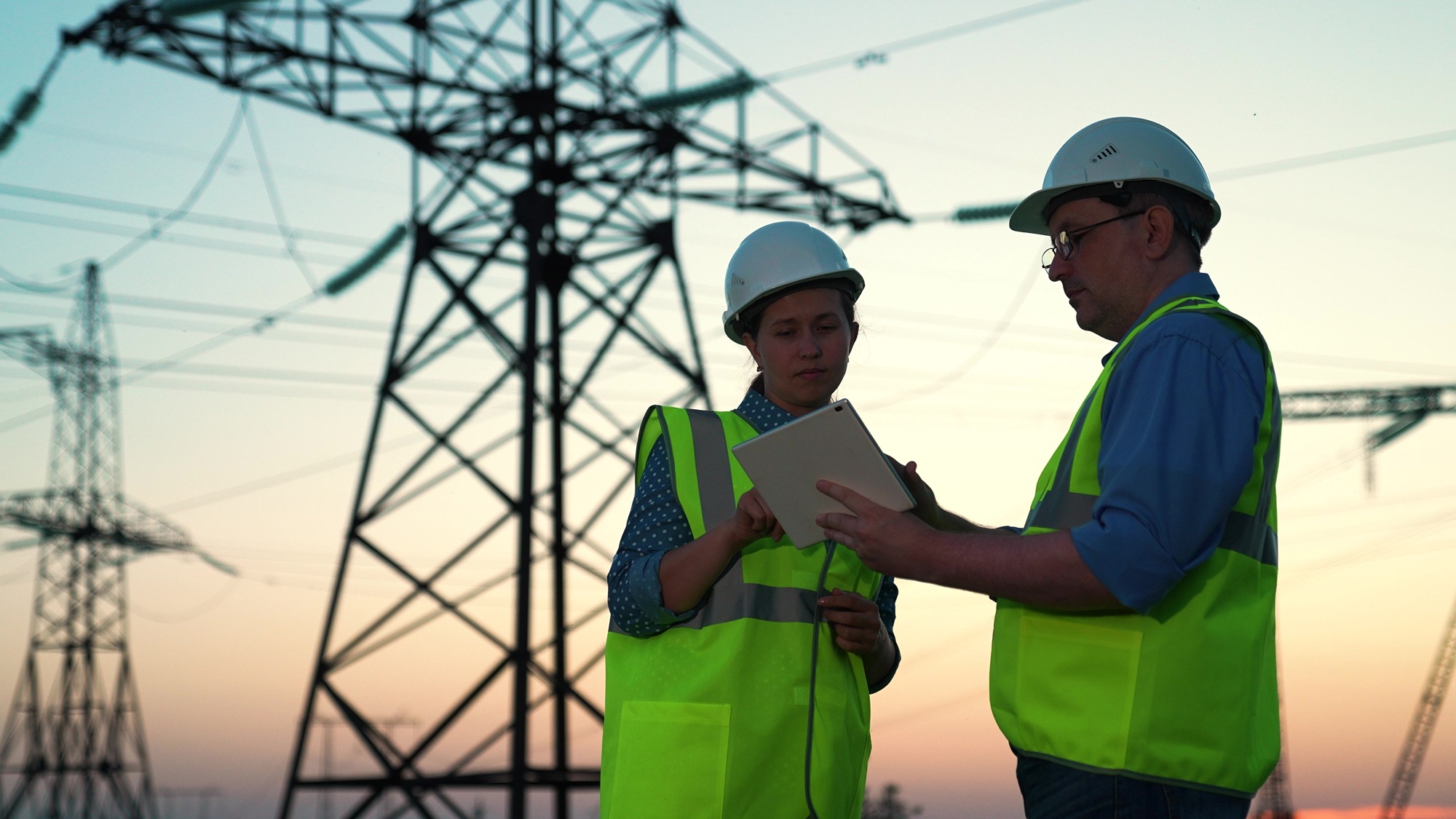 Engineers working at high voltage power lines