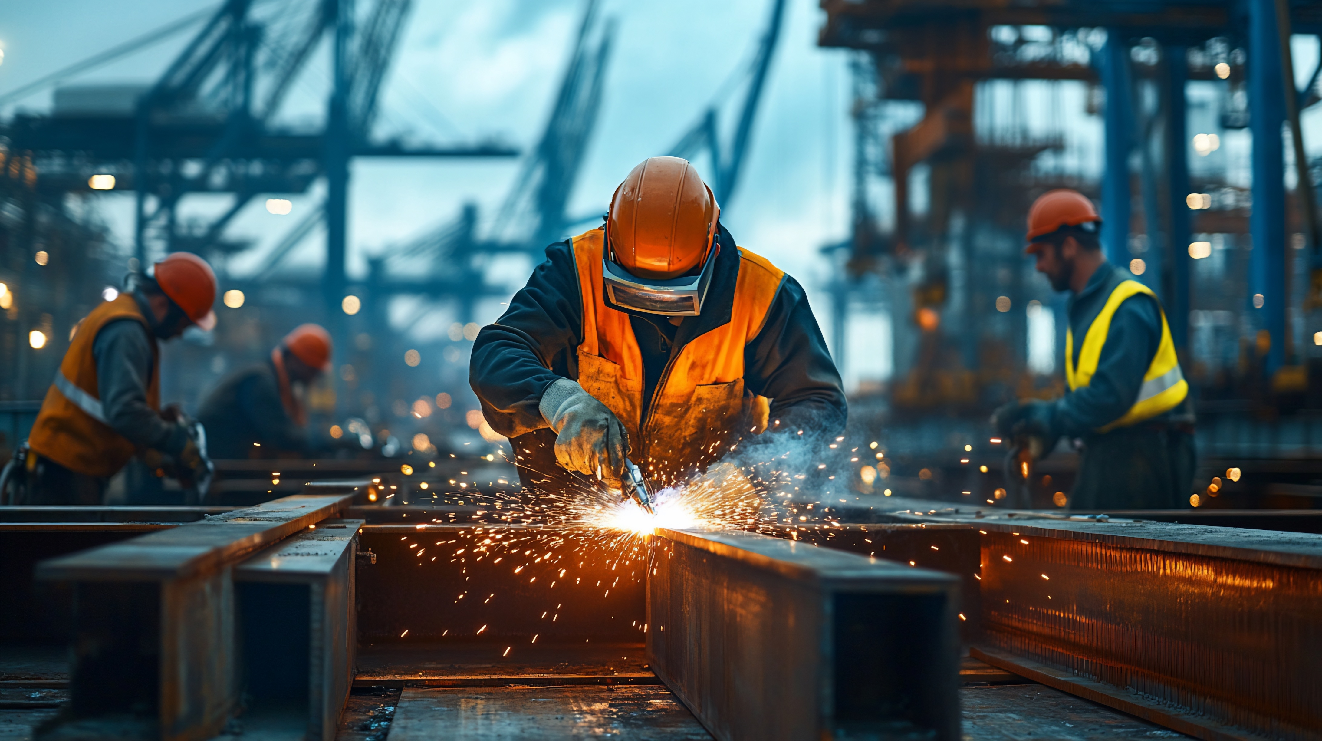 Industrial workers welding steel components at a manufacturing site