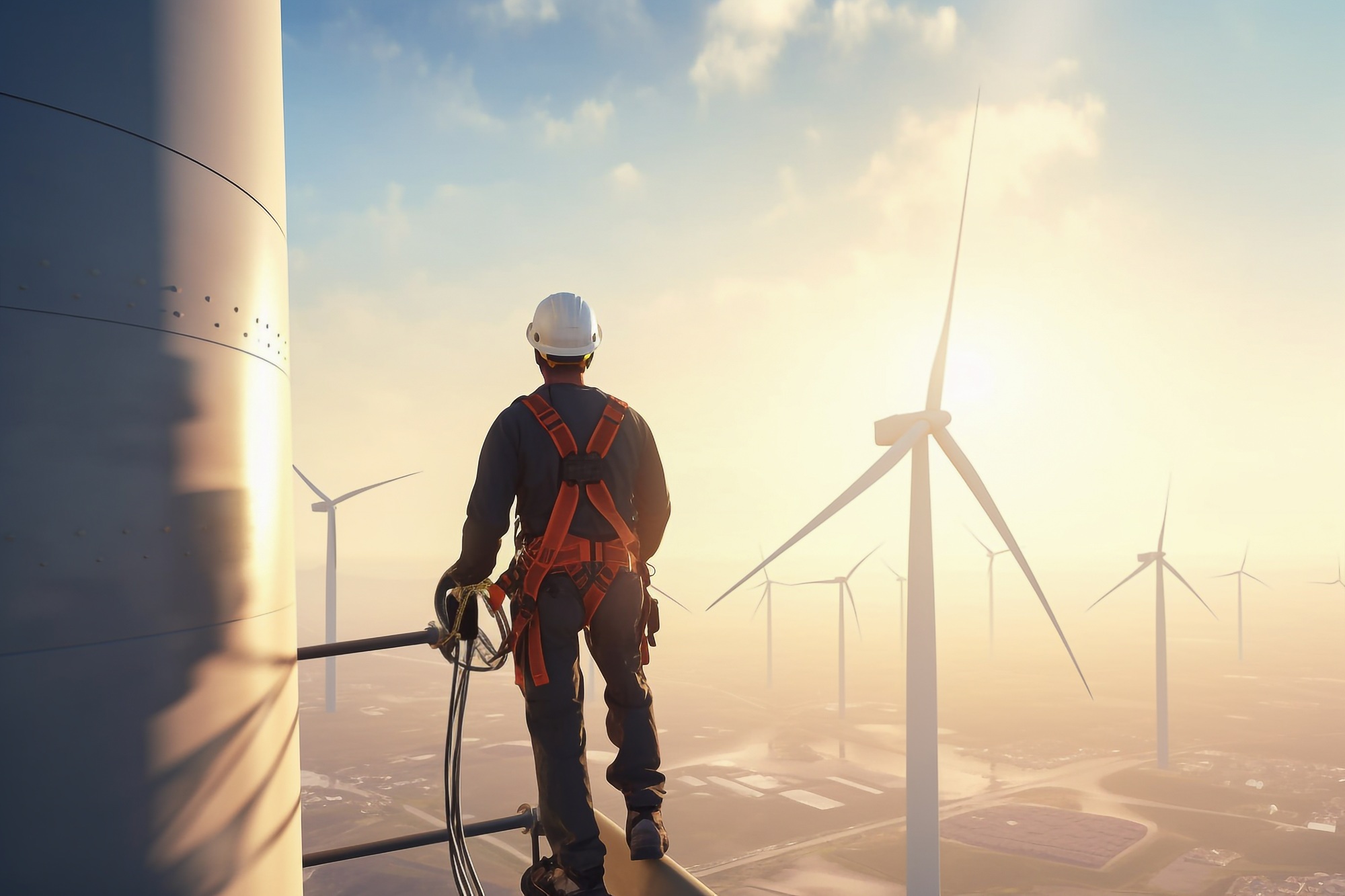 Technician working on a wind turbine with a view