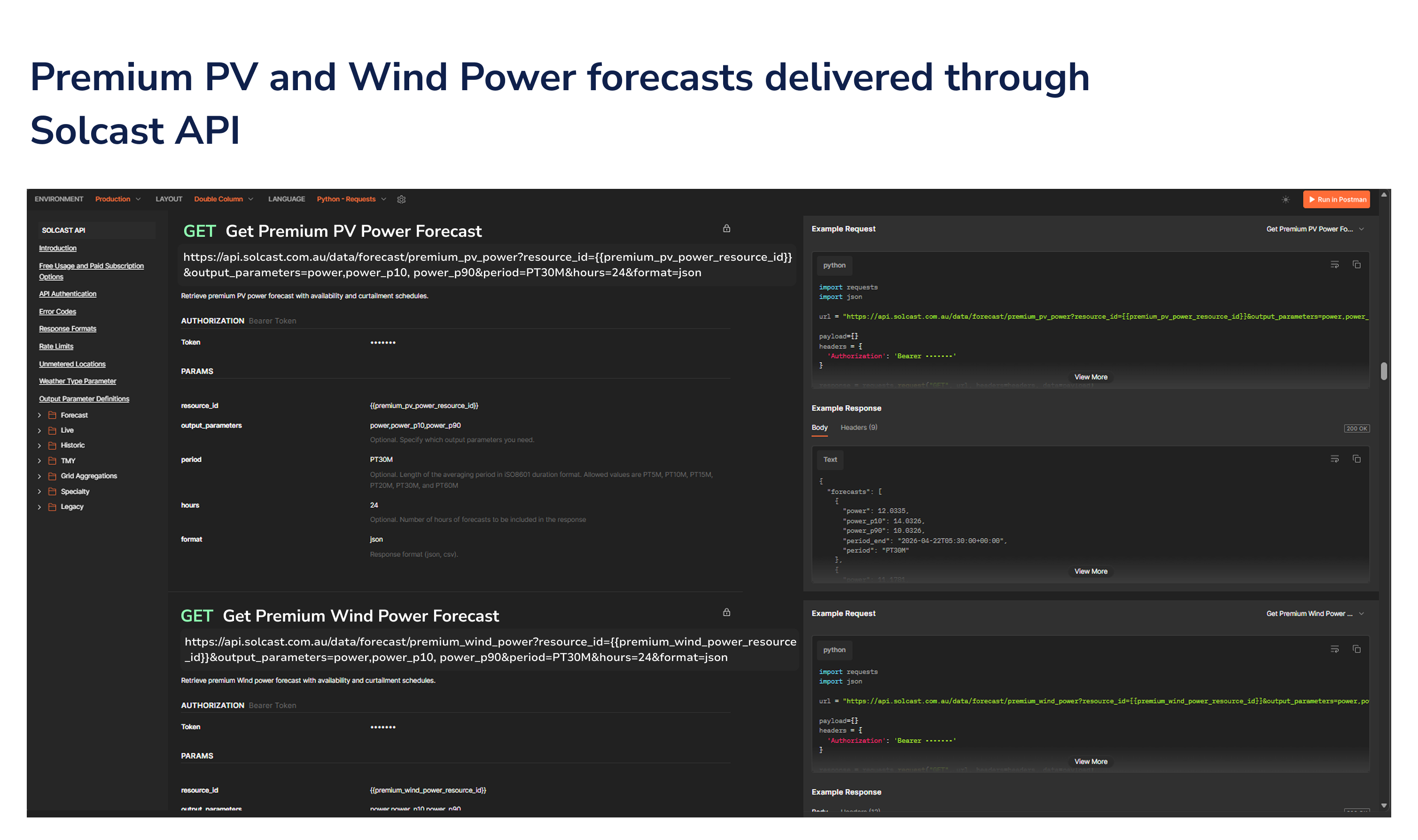 Premium PV and Wind Power forecasts delivered through Solcast API