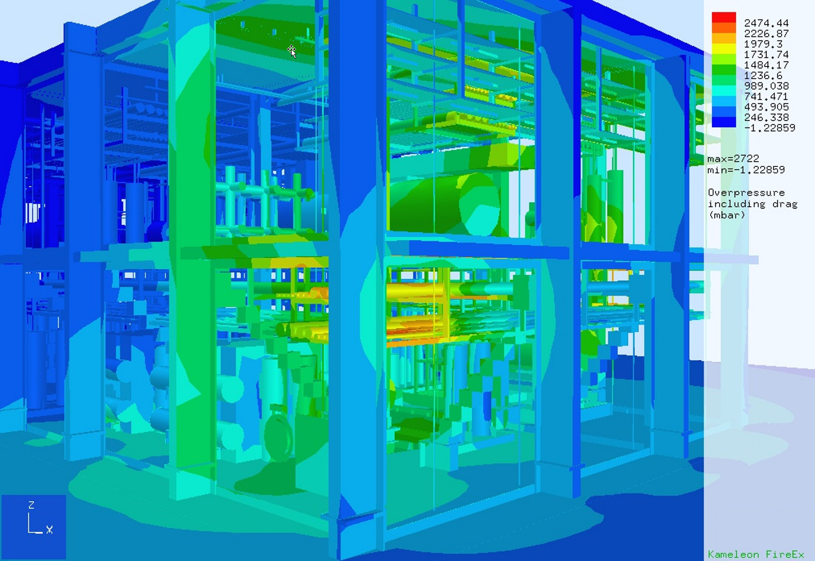 Screenshot from EXSIM software, showing explosion overpressure profiles on an onshore facility
