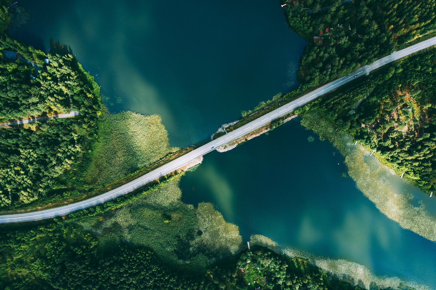 Aerial view bridge over two green islands