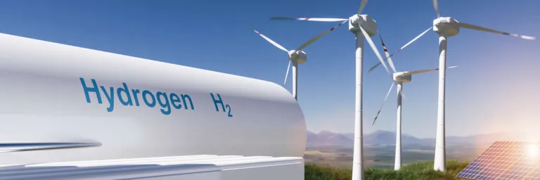 Hydrogen, wind turbines and solar array graphic