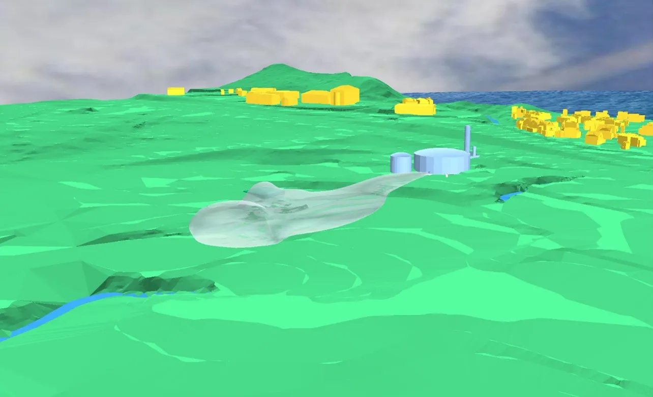 Screenshot from KFX software, showing dense gas dispersion in a terrain