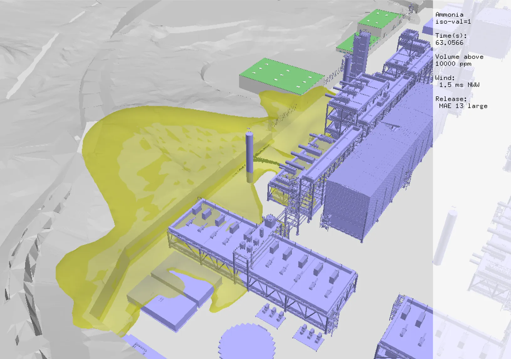 Screenshot from KFX software, showing toxic cloud dispersion at an onshore facility