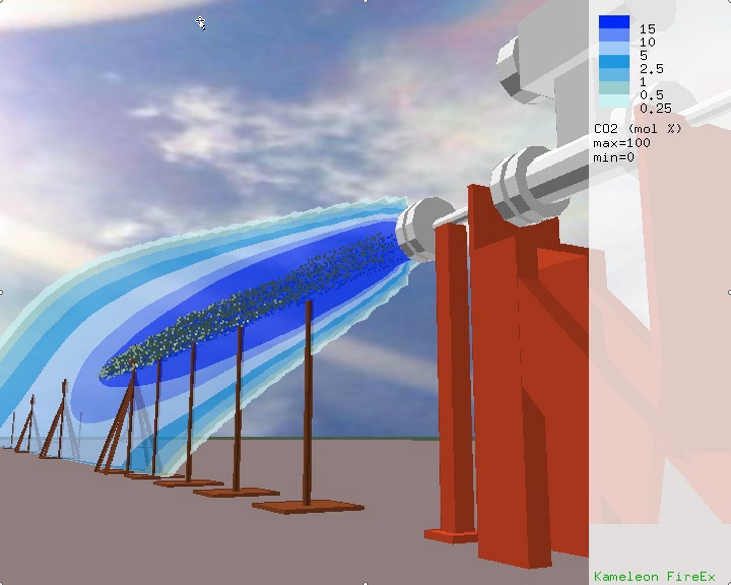 Screenshot from KFX software, showing the formation of a two-phase CO2 release from a pipeline