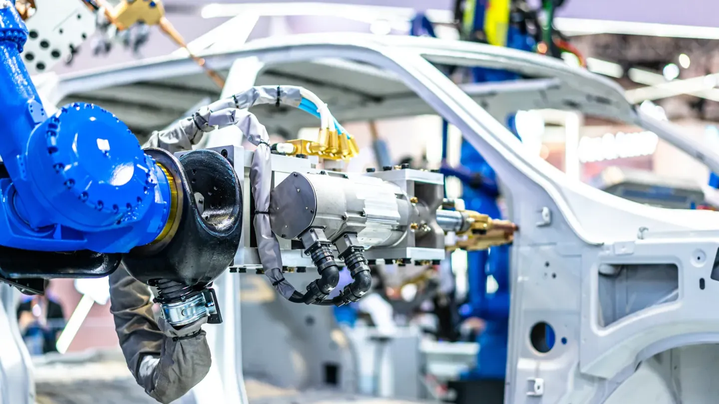 Automated robotic arms assembling a vehicle body on the production line, illustrating compliance alignment in automotive manufacturing