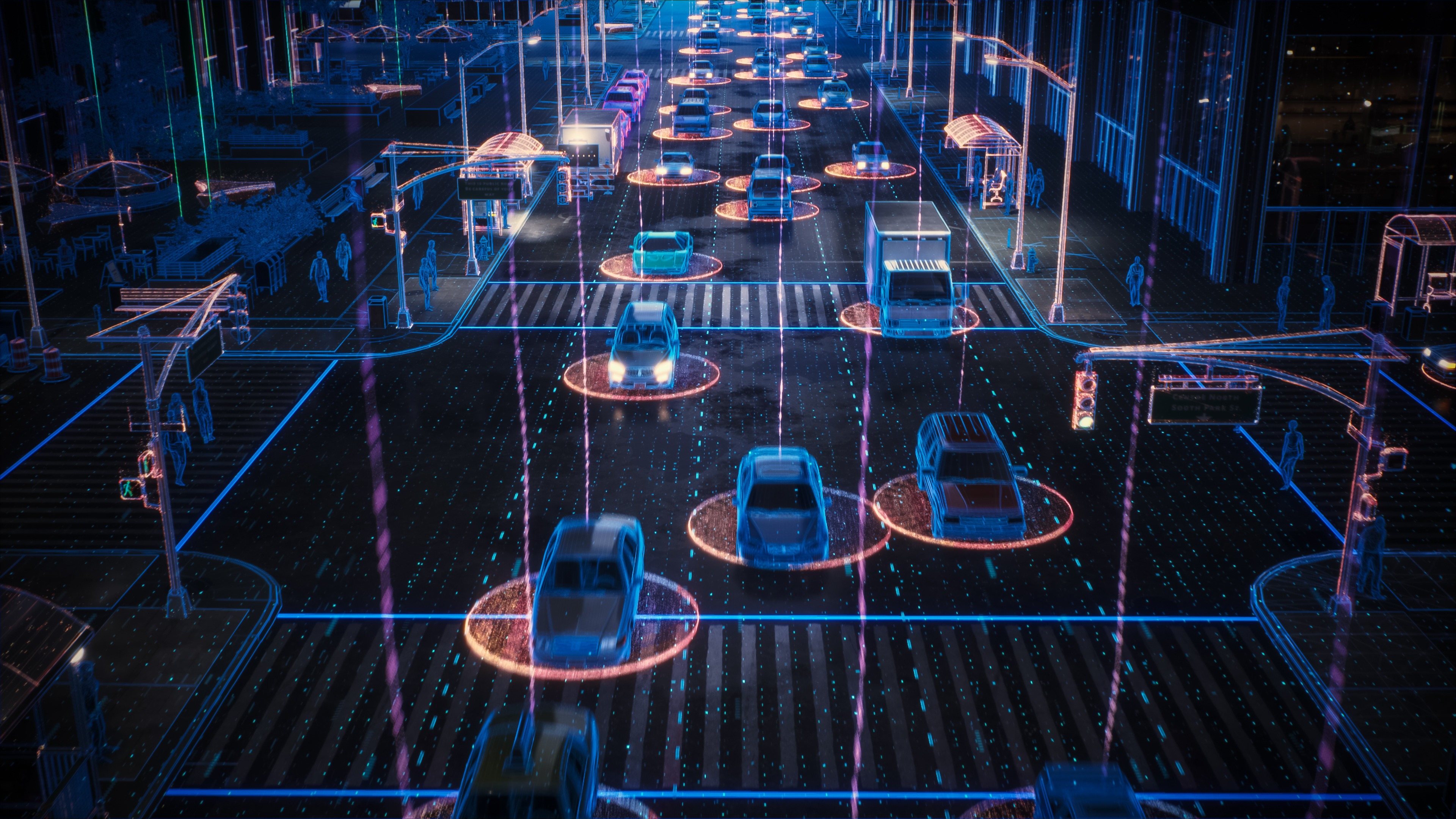 City street at night showing connected cars with digital overlays, illustrating automotive cybersecurity and threat analysis