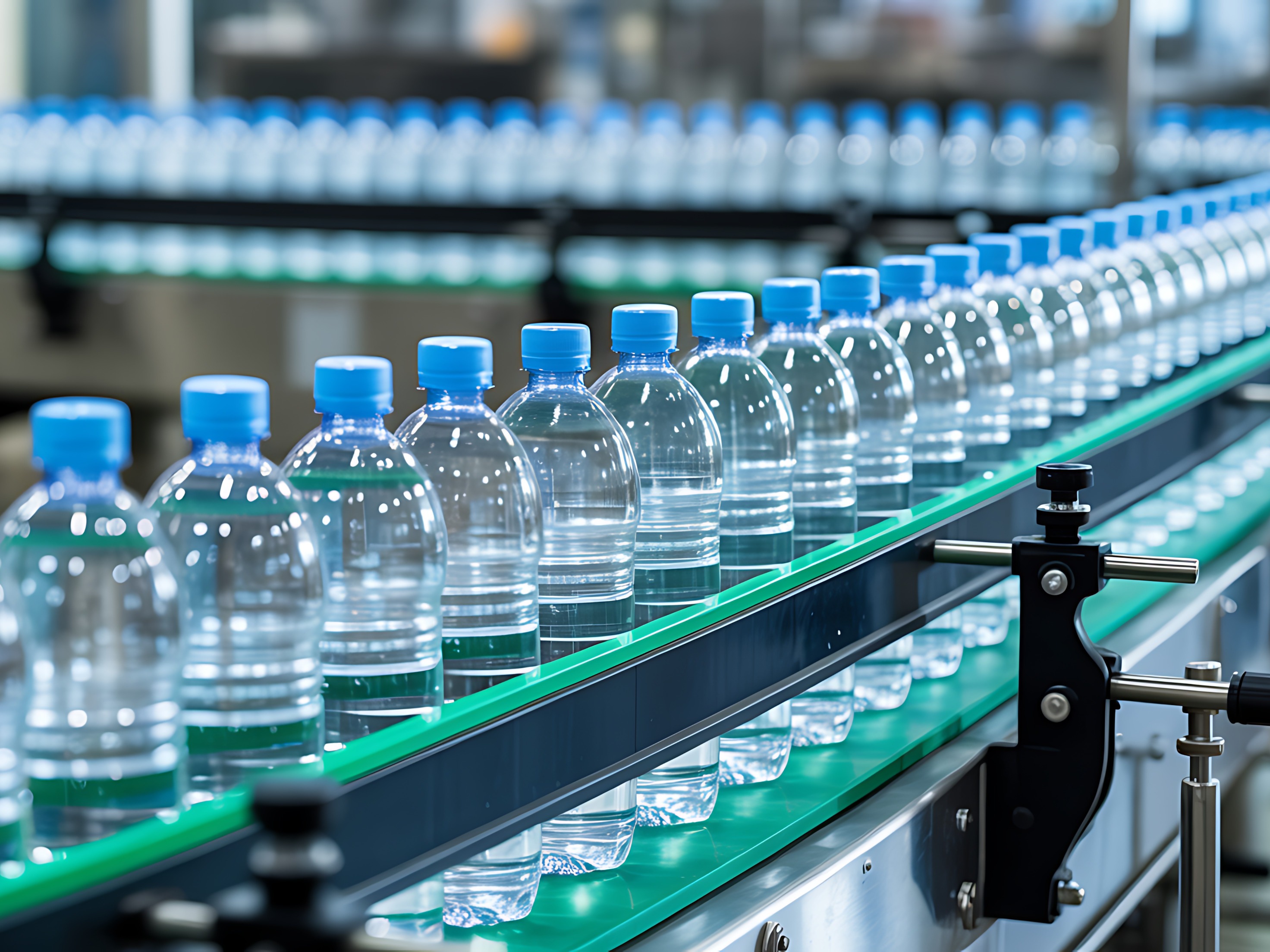 Automated bottled water filling line with plastic bottles moving along a conveyor, illustrating traceability and production monitoring