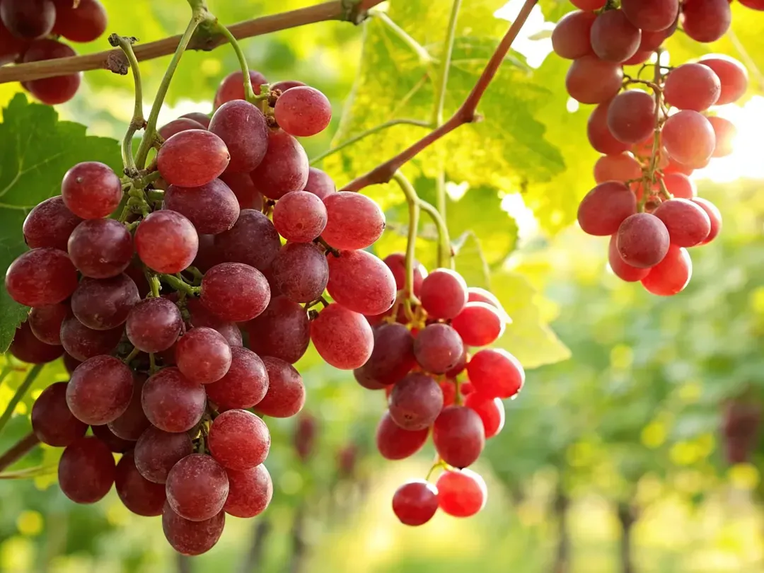Close-up of red grapes growing on the vine, symbolising sustainable agriculture and natural resource stewardship