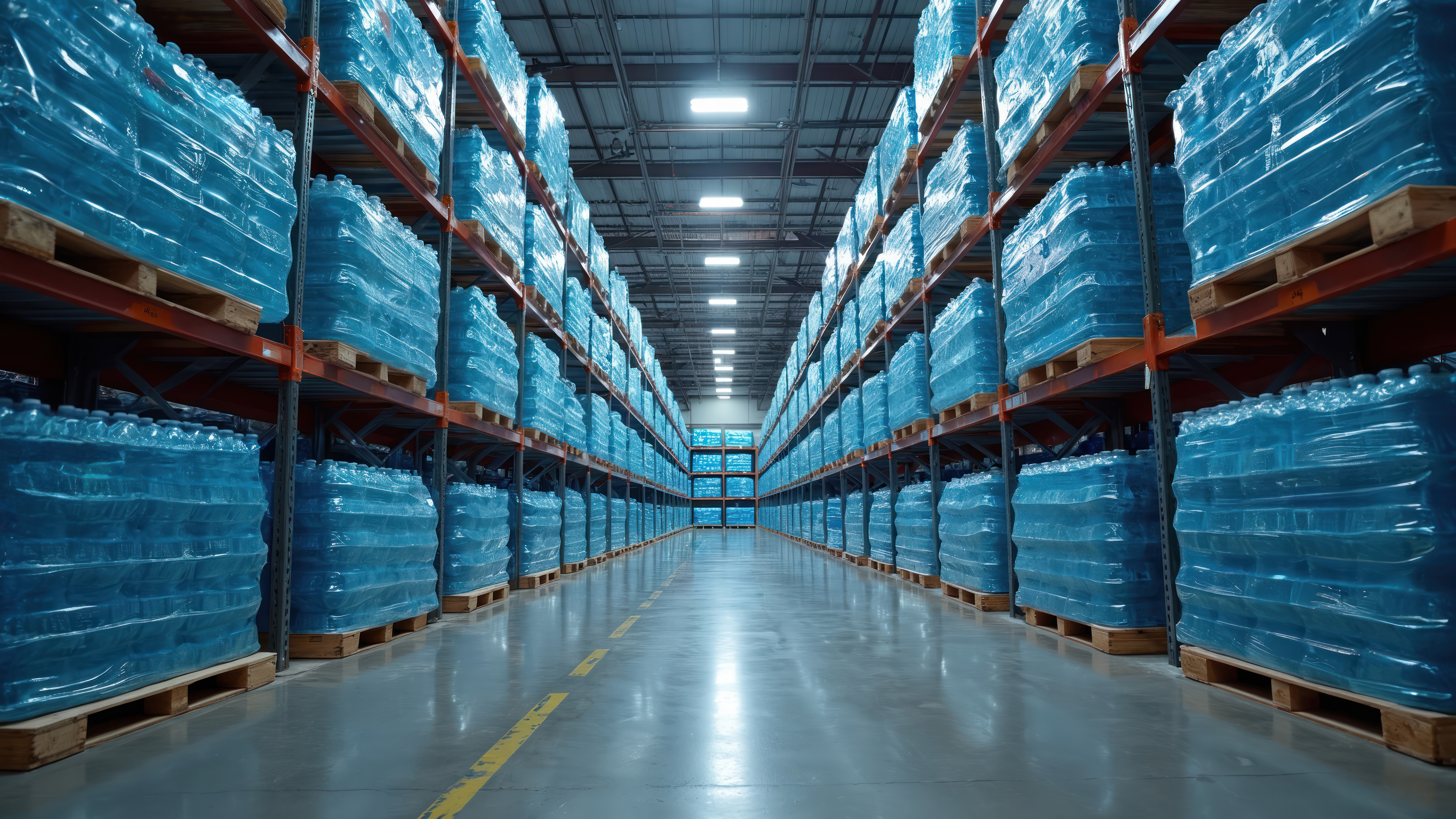 Distribution warehouse aisle with tall shelving and stacked pallets, representing storage controls and supply chain traceability requirements