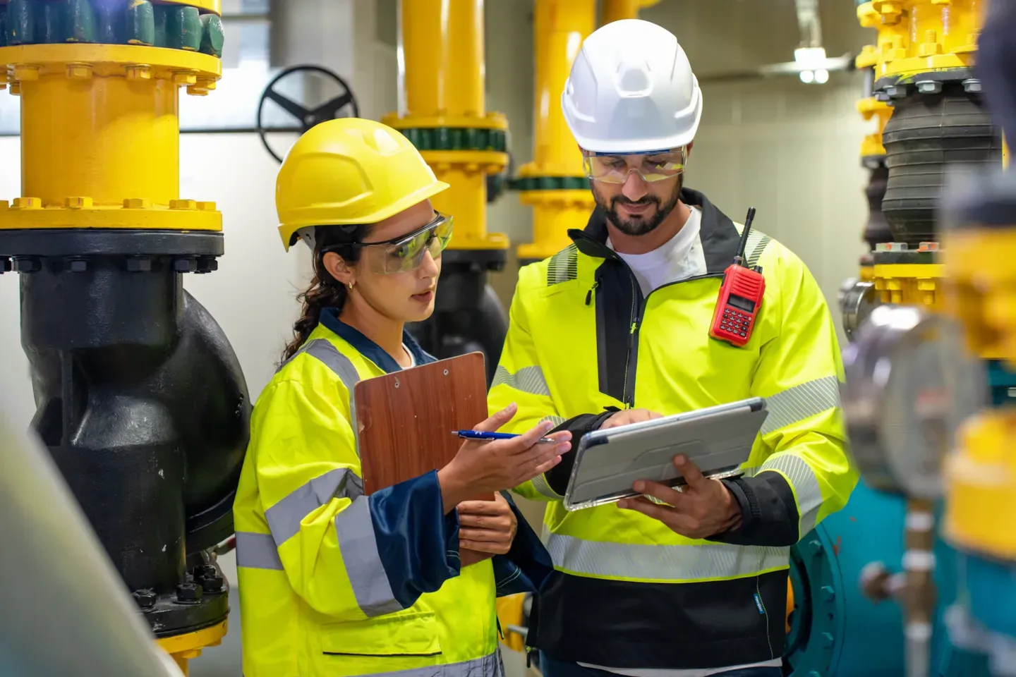 Two engineers in protective gear reviewing environmental data in an industrial plant during lifecycle assessment work
