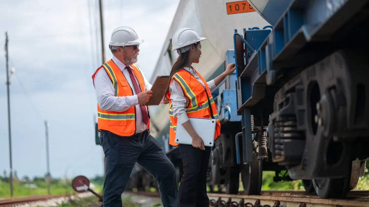Rail inspectors performing on-track safety and quality assessment beside a stationary freight train
