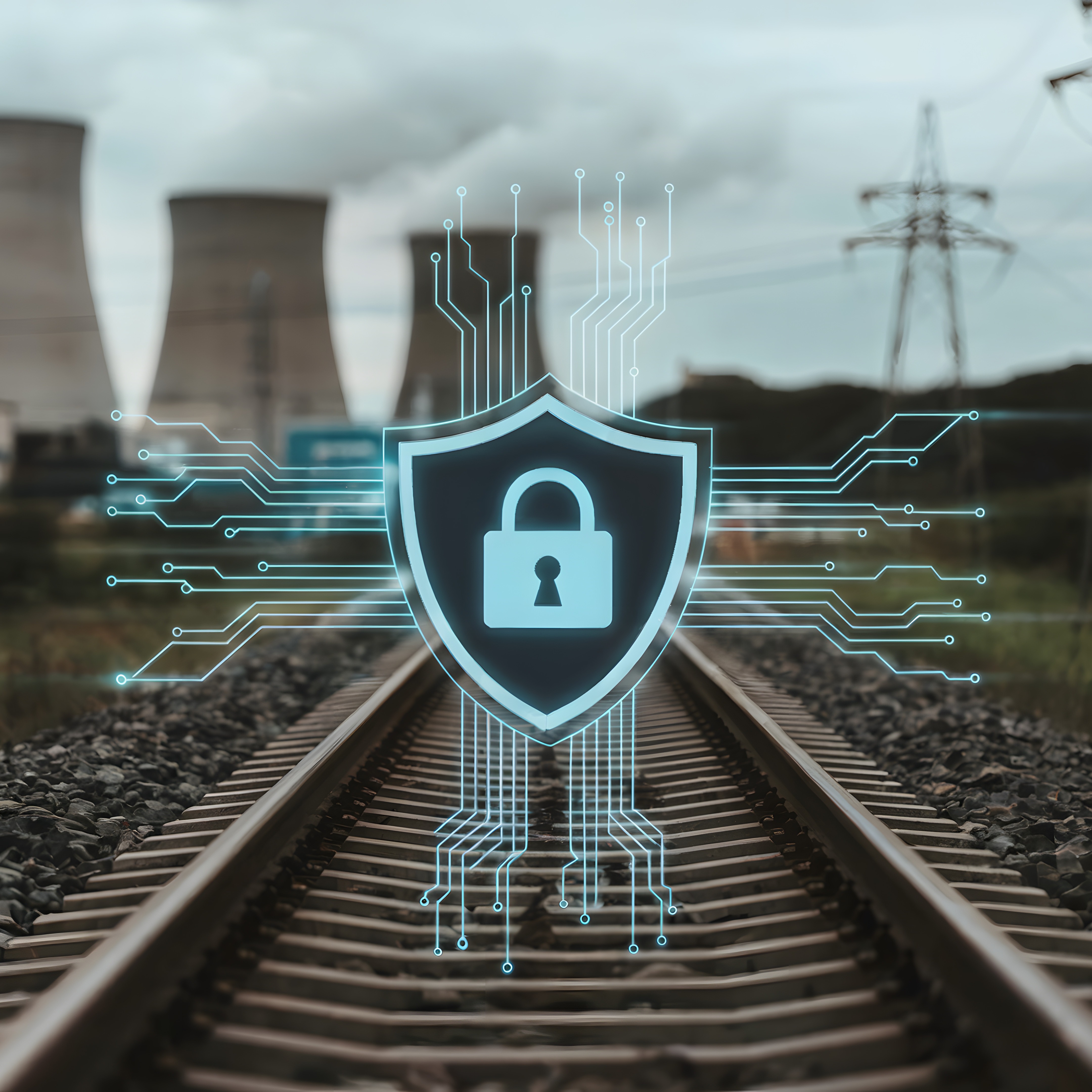 Digital shield graphic over railway tracks representing cybersecurity protection for rail systems and critical infrastructure