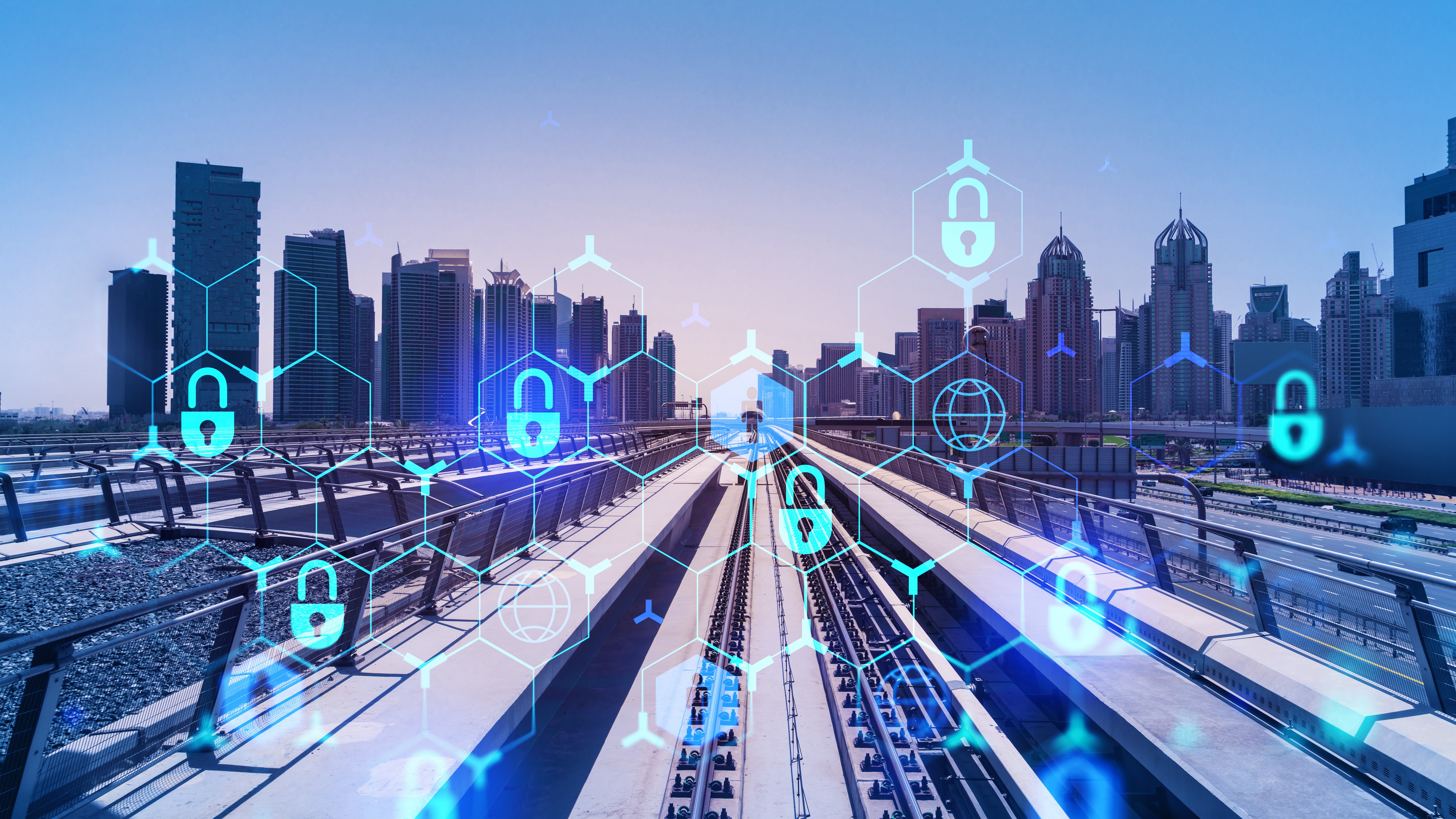 Modern train with cybersecurity lock icons symbolizing secure rail operations, threat mitigation, and resilient digital infrastructure