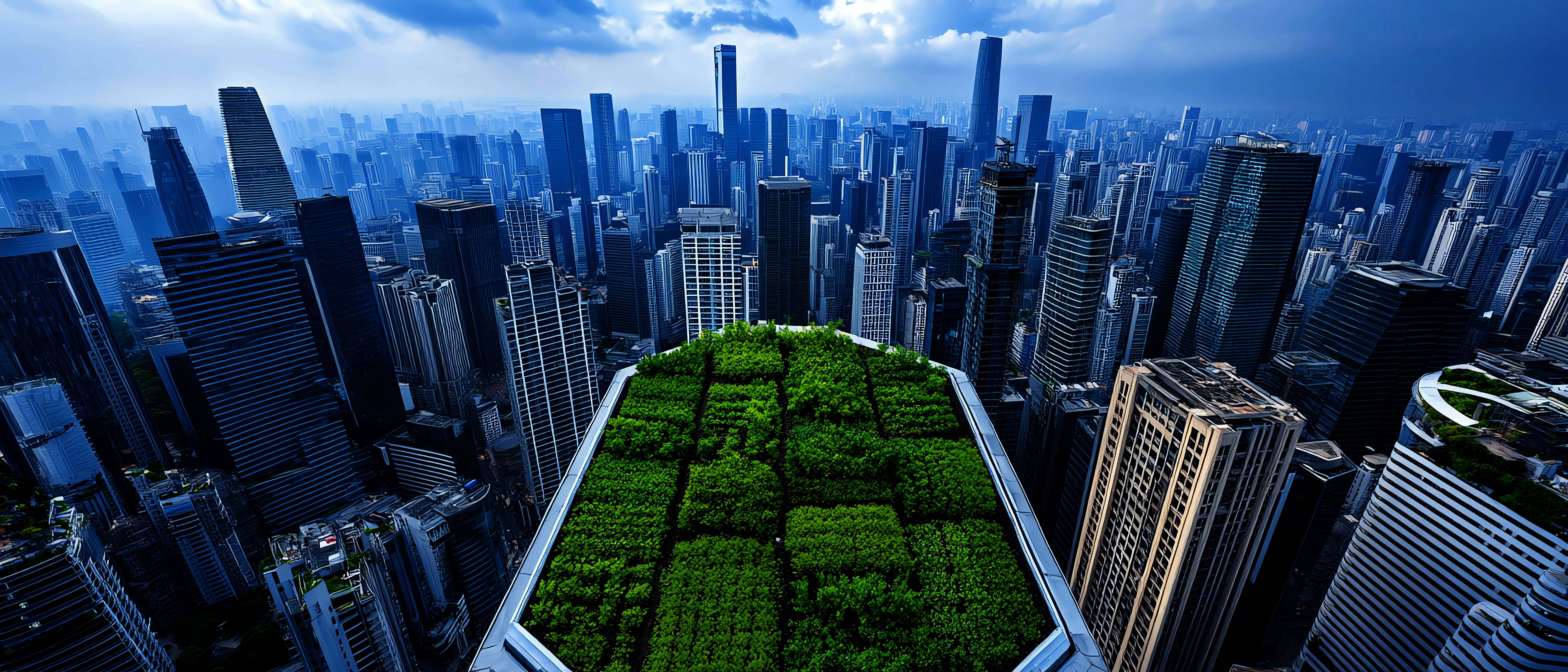 Aerial view of modern city skyscrapers with a rooftop green garden, symbolizing sustainable finance, environmental responsibility, and climate-aligned investment assurance.