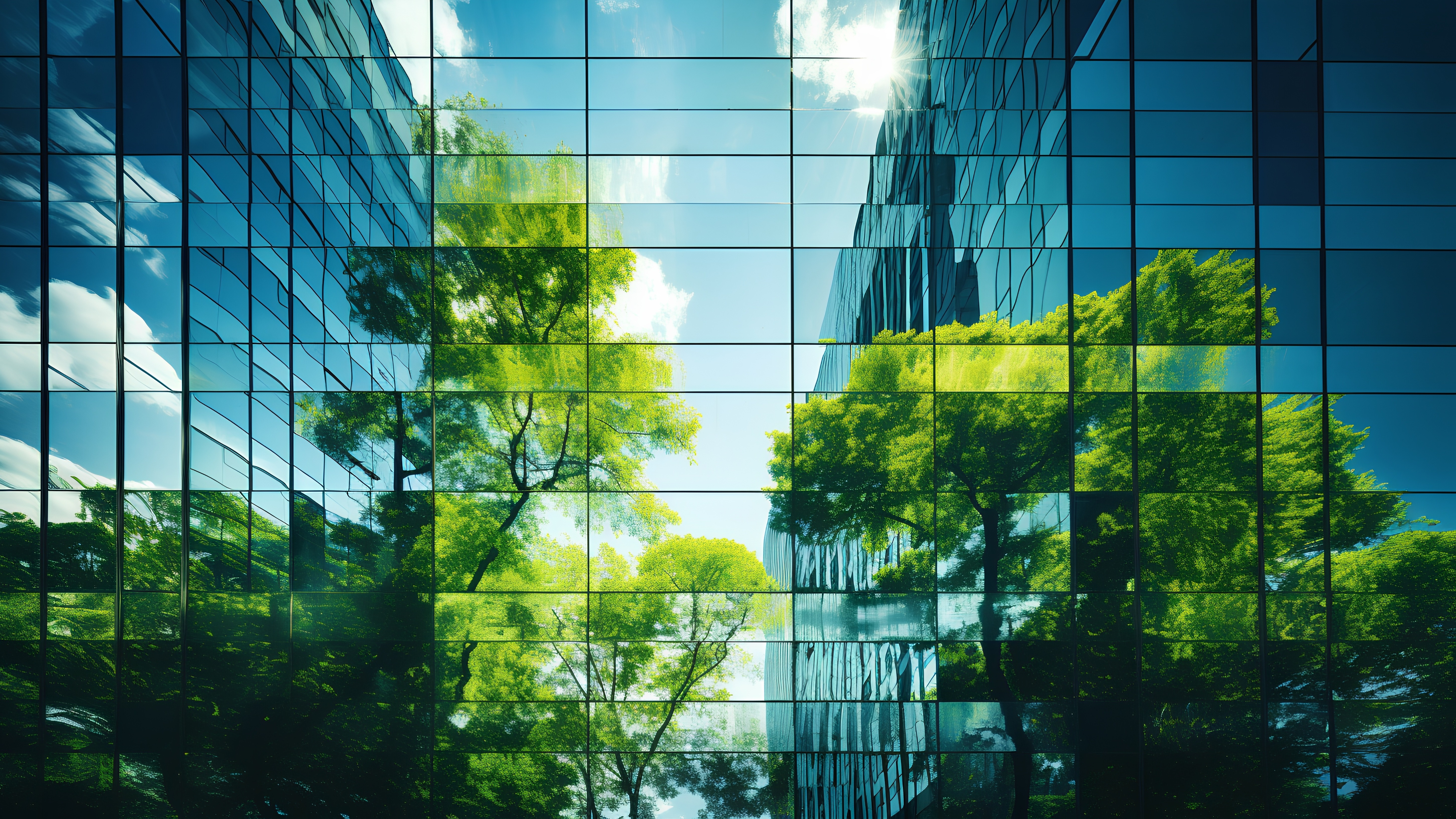 Modern office building with trees reflected in glass, symbolizing corporate transparency, ESG reporting, and sustainability governance.