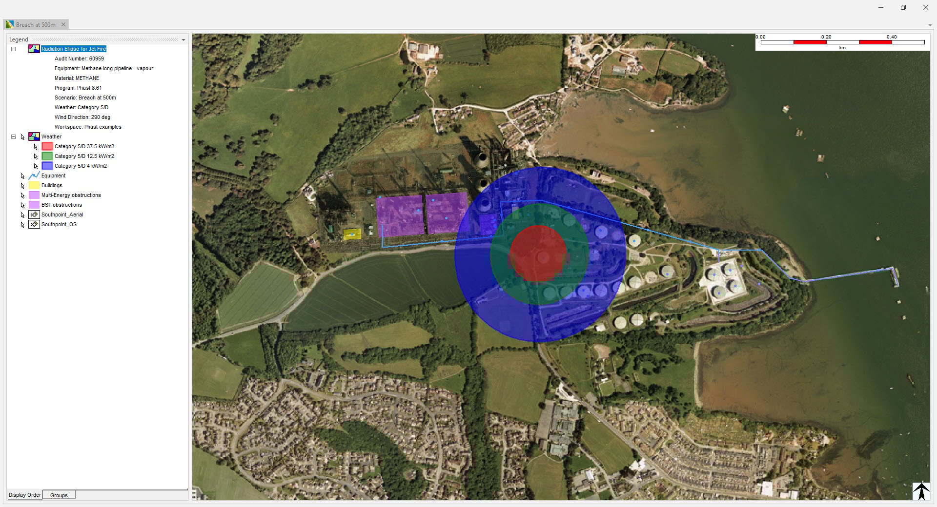 Screenshot from Phast software, showing thermal radiation contours in a GIS view of a facility