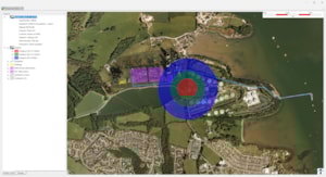 Screenshot from Phast software, showing thermal radiation contours in a GIS view of a facility