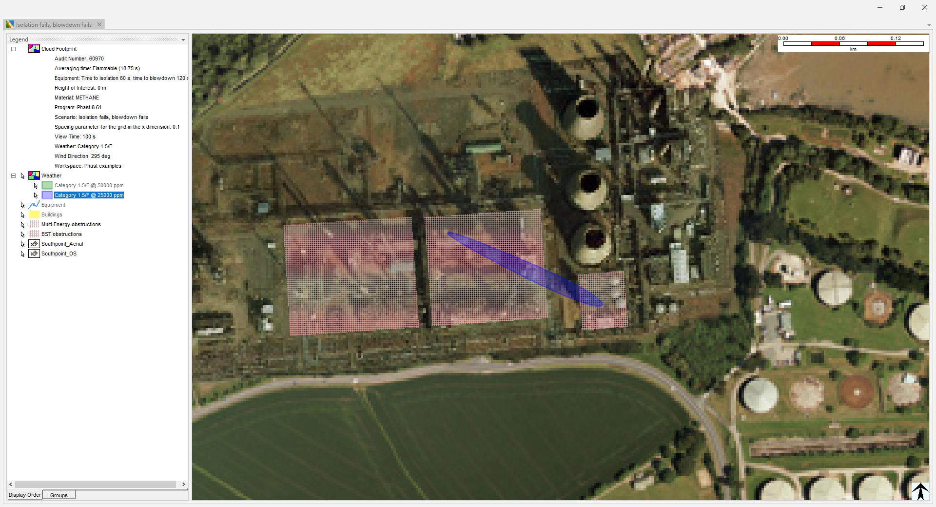 Flammable cloud overlapping congested regions on a map