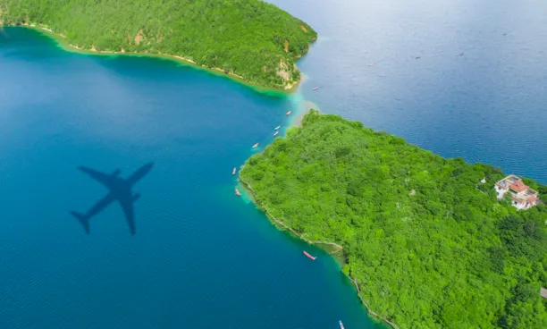 Plane over an island