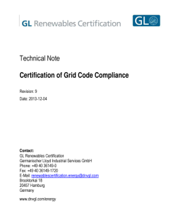 Technical Note for the certification of grid code compliance