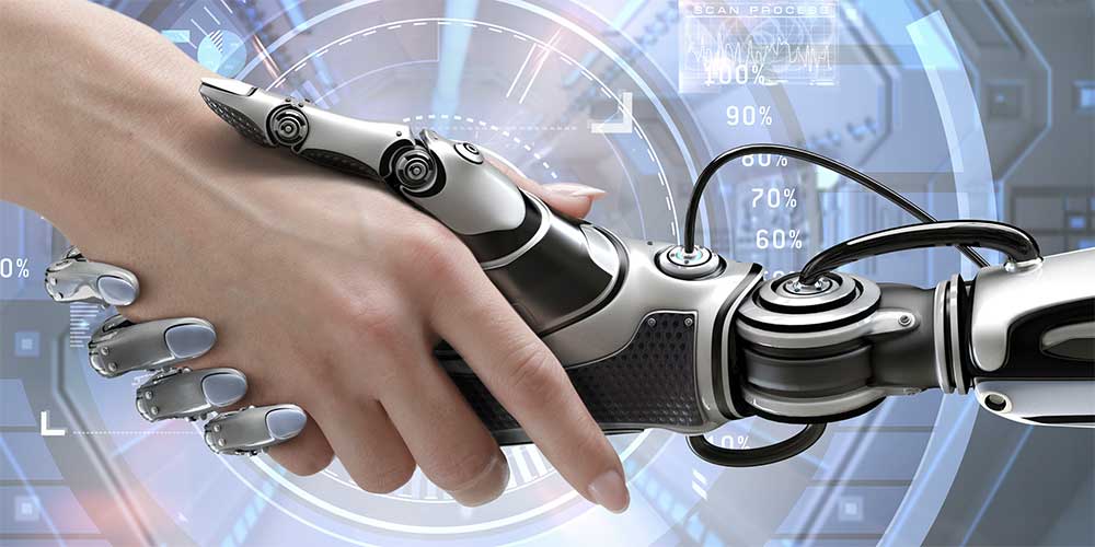 Robot and man handshake