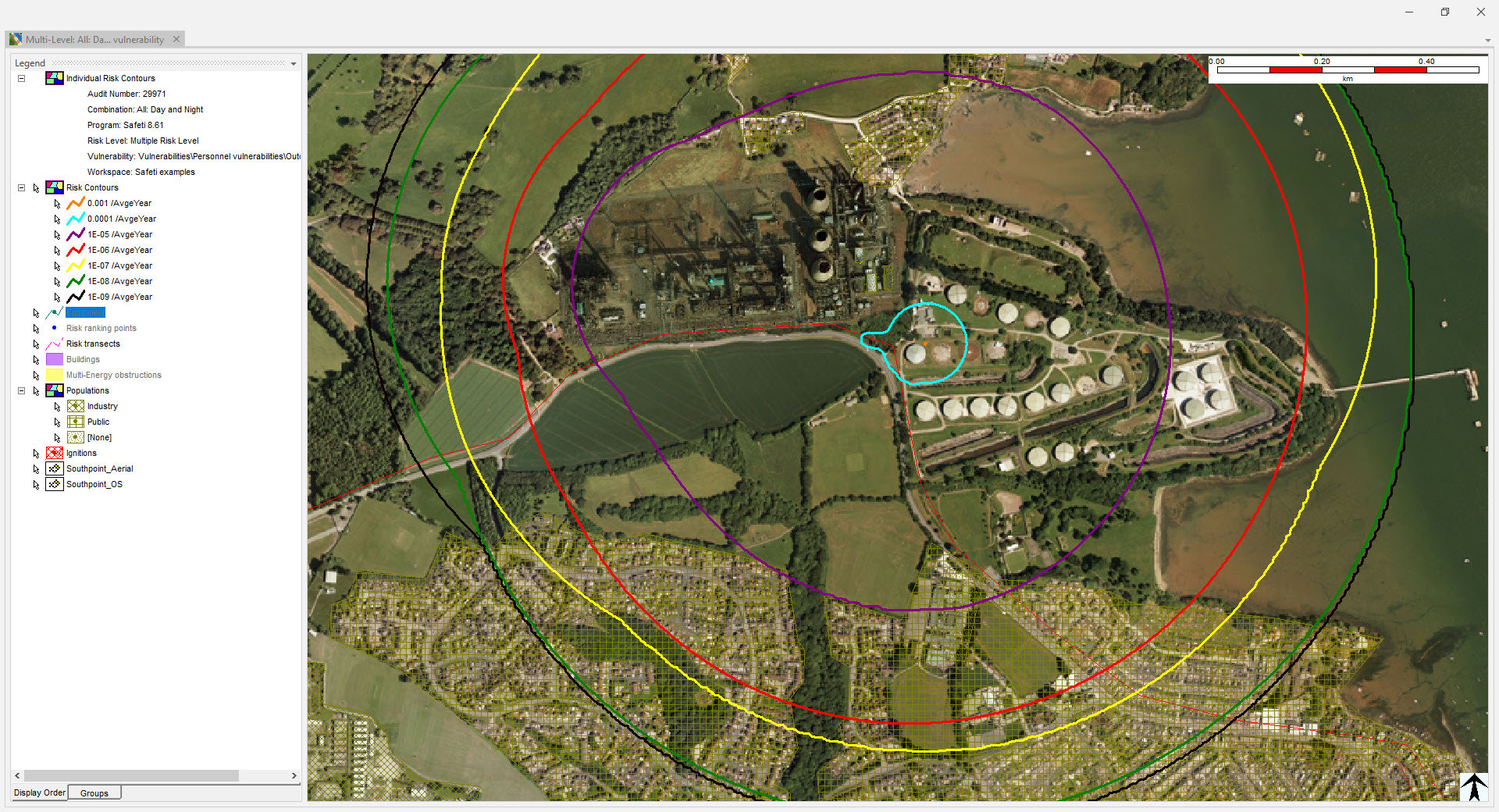 Screenshot from Safeti software, showing individual risk contours in a GIS view of a facility