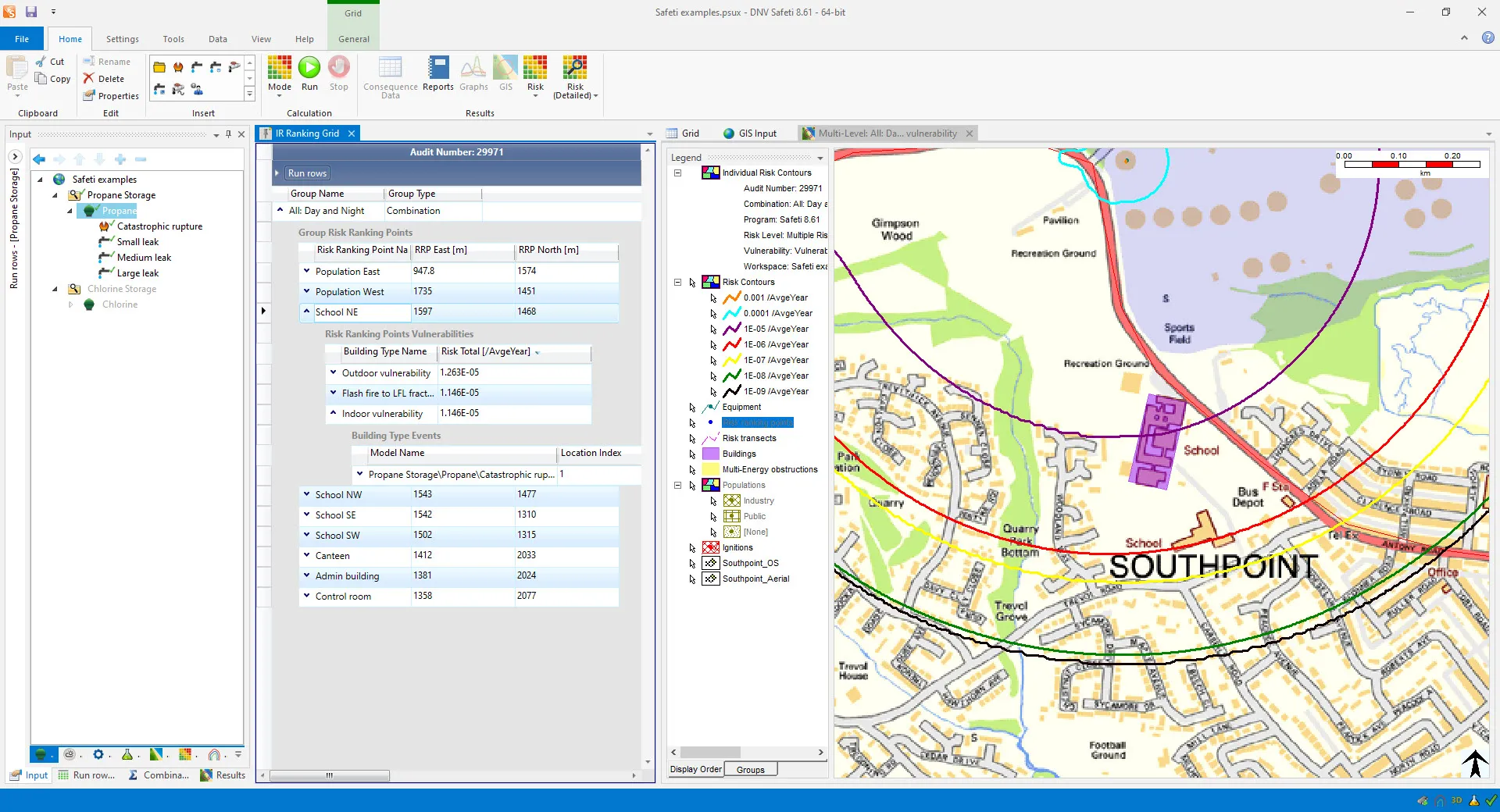 Screenshot from Safeti software, showing detailed indivual risk results at multiple locations of interest and individual risk contours in a plot plan