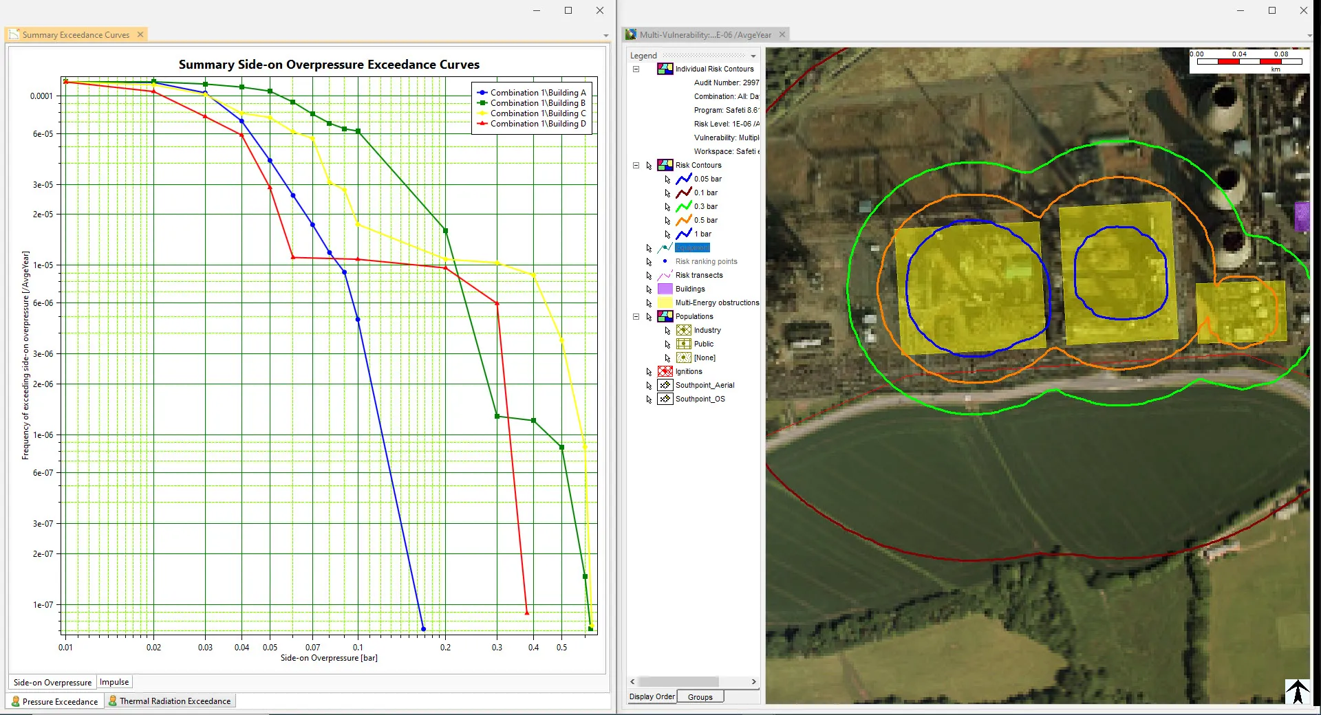 Screenshot from Safeti software, showing overpressure exceedance results in graphical and map views