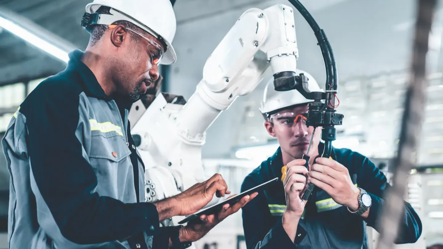 Engineers inspecting automotive components with digital tools, representing functional safety assessments aligned with ISO 26262