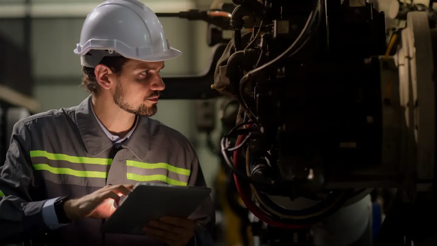 Automotive engineer validating system components with a digital tablet to support secure-by-design vehicle architecture