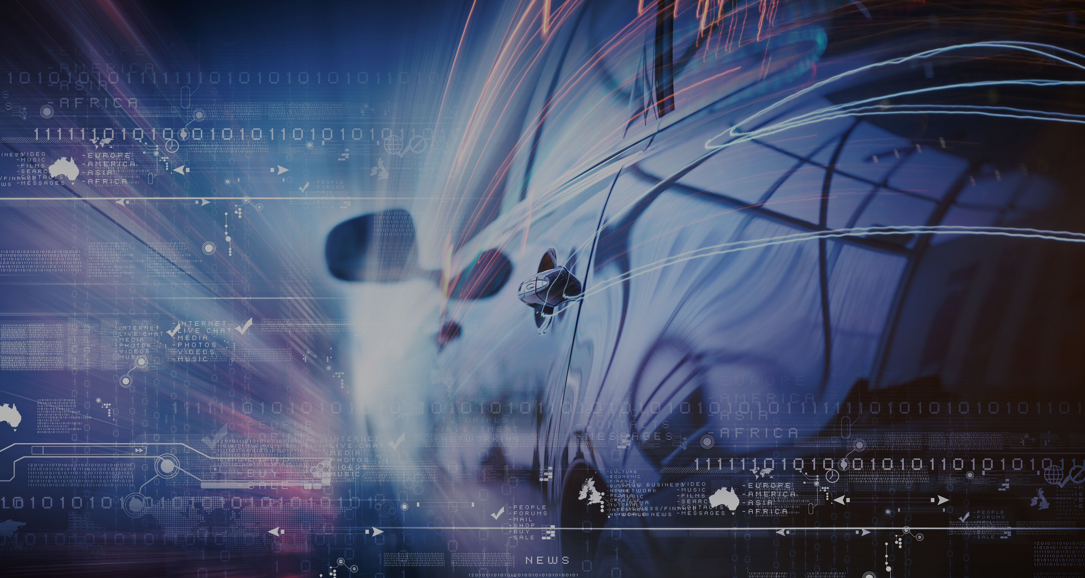 Connected car on a blue-toned background with digital cybersecurity icons and data streams, representing protection of vehicles and systems from cyber threats