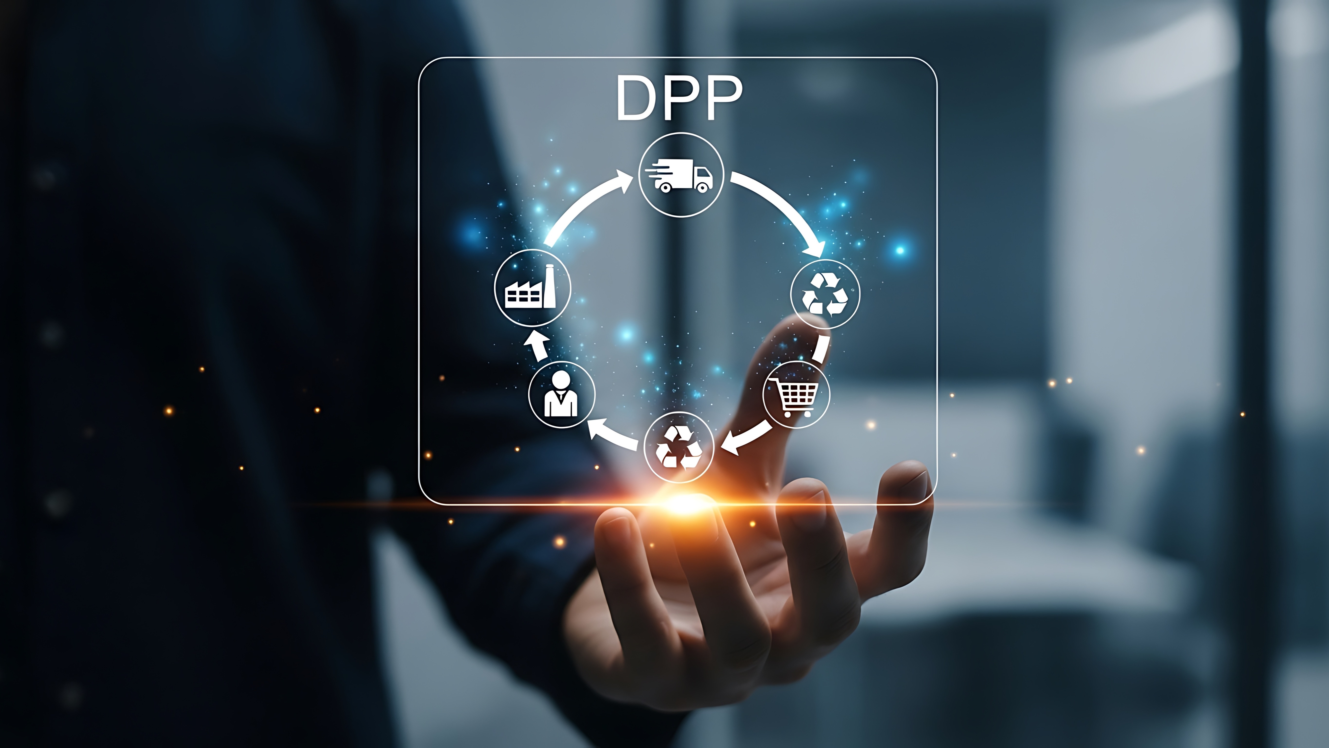 Person interacting with a holographic Digital Product Passport interface, representing data transparency, traceability, and compliance in product value chains