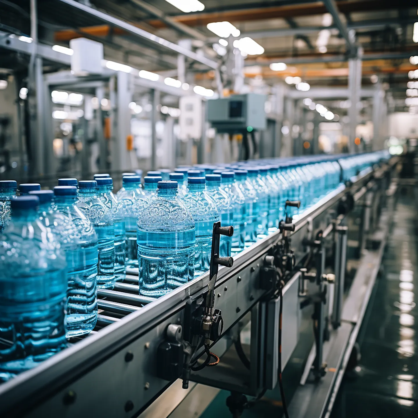 Automated water bottling line with conveyor machinery, representing operational safety and environmental quality monitoring