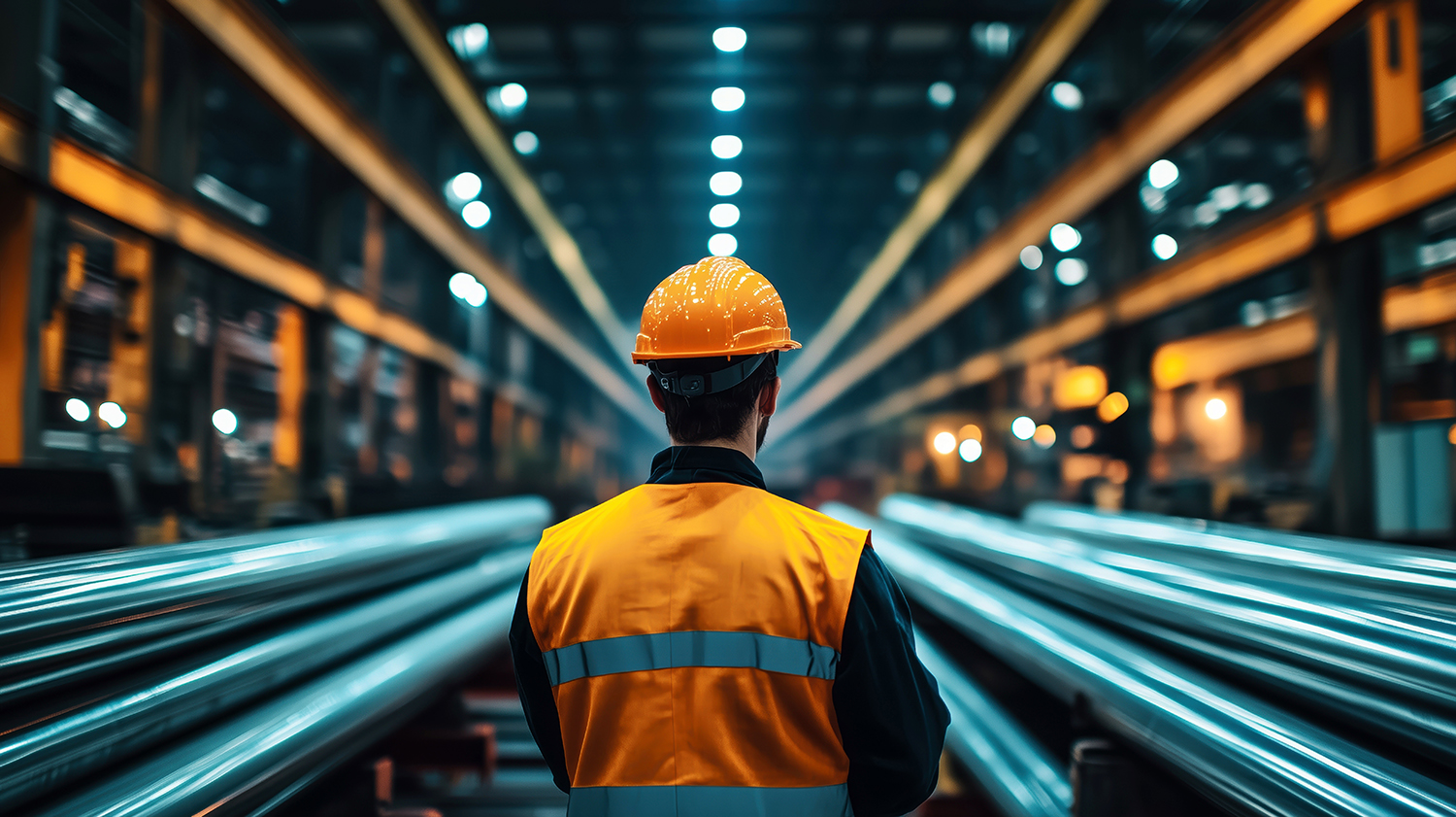 Worker inspecting steel production lines in an industrial facility, representing sustainable steel assurance and low-carbon supply chain verification