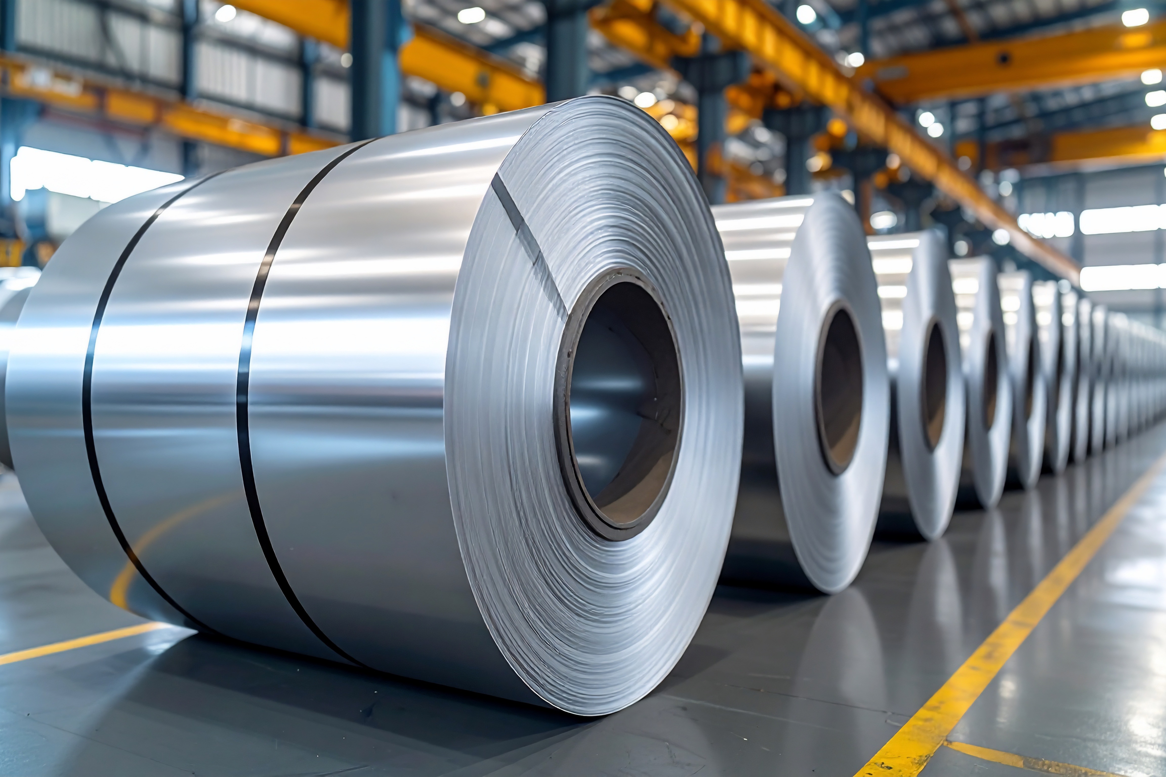 Coiled steel rolls stacked in a warehouse, ready for processing