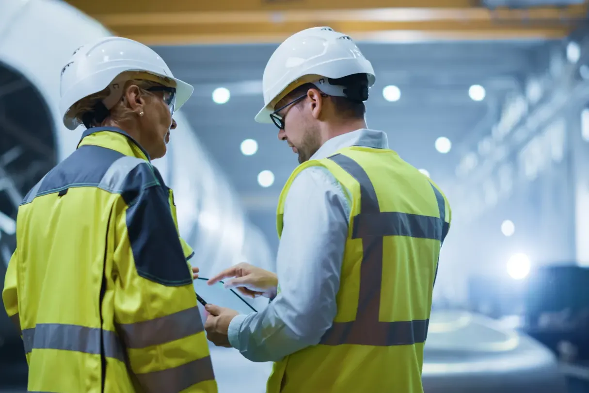 Two engineers in safety gear inspecting material flows inside a heavy-industry facility, illustrating chain of custody traceability in hard-to-abate sectors